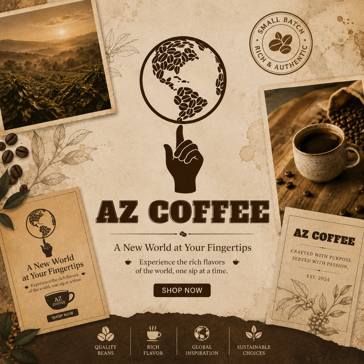 AZ Coffee logo with coffee bean globe balanced on a finger