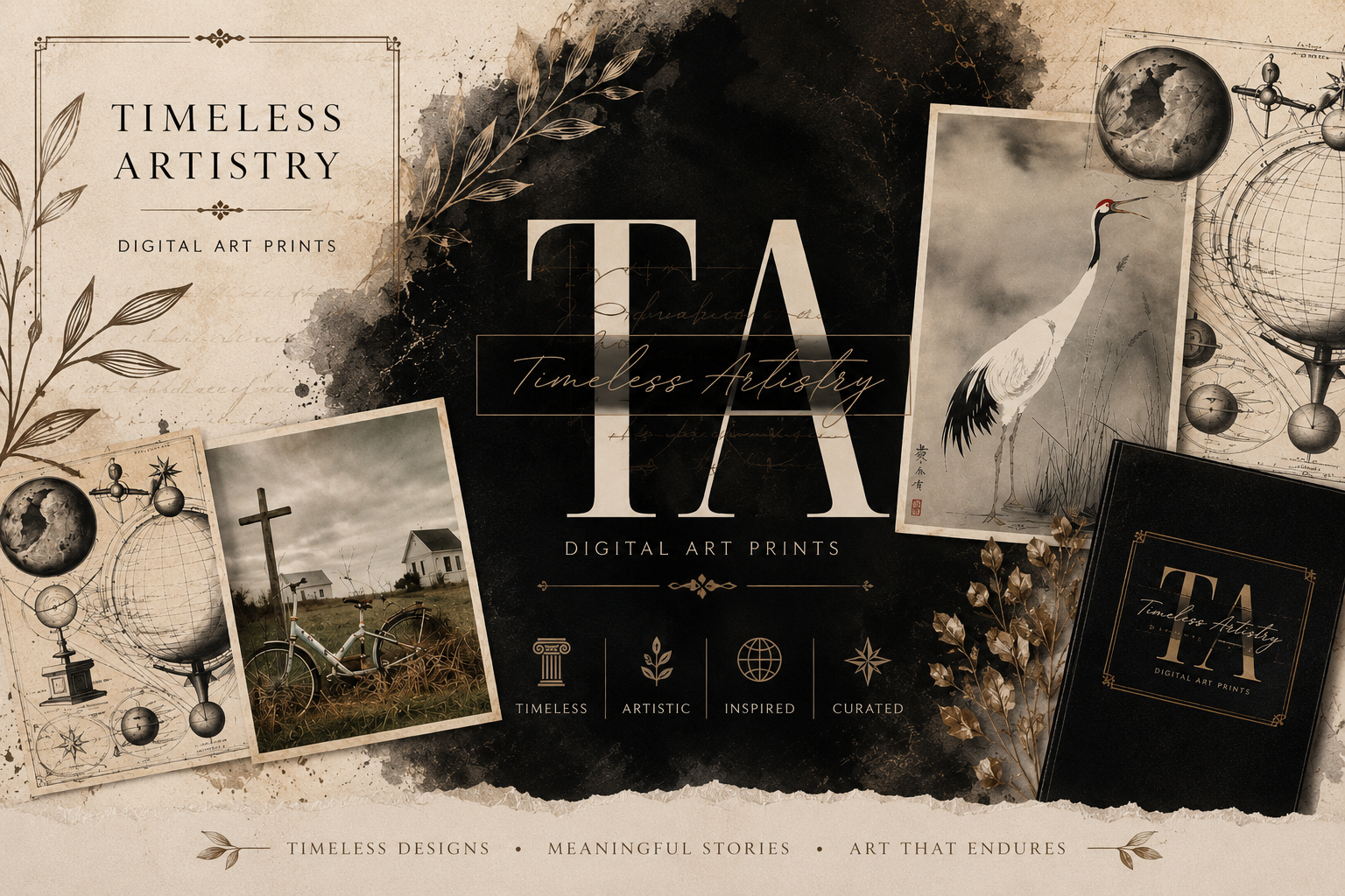Timeless Artistry digital art prints banner with vintage photography and ornate borders