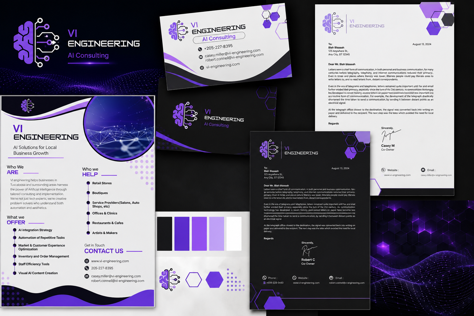 VI Engineering business card design -- purple and dark tech aesthetic