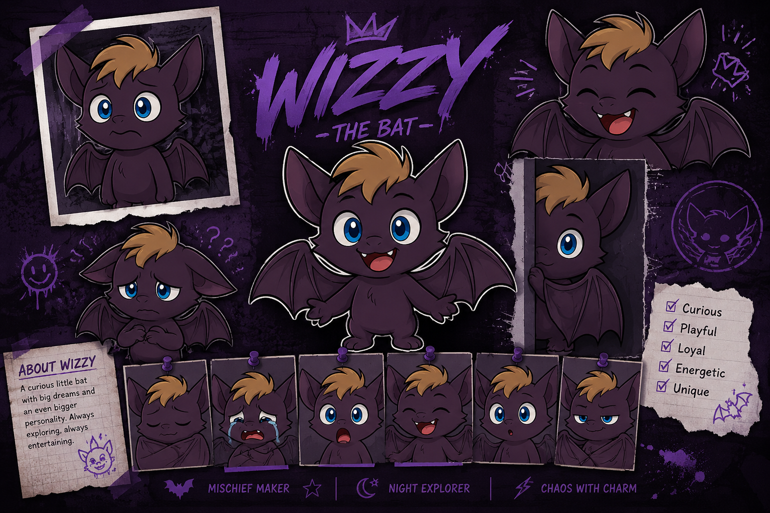 Wizzy bat mascot character - friendly and happy